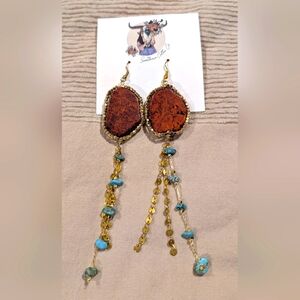 Gold and Red Brown Dangle Earrings